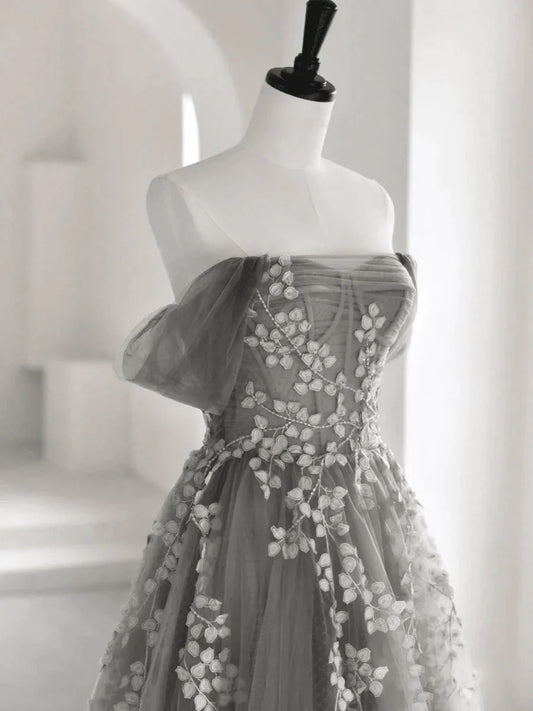 Grey Sweetheart Off Shoulder Tulle Long Party Dress, A-line Grey Prom Dress Evening Dress TP1140