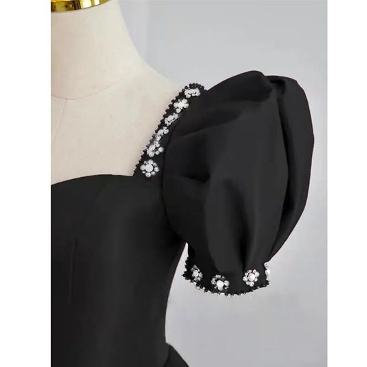 Simple Pretty Black Satin Short Sleeves Beaded Party Dress, Black Long Evening Dress TP1169