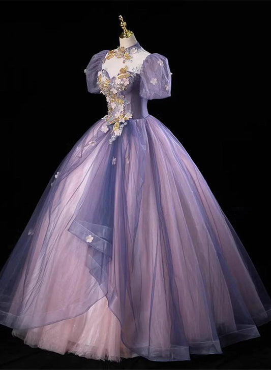 Pink and Purple Tulle Long Party Dress with Beadings, High Neckline Sweet 16 Dress TP1172
