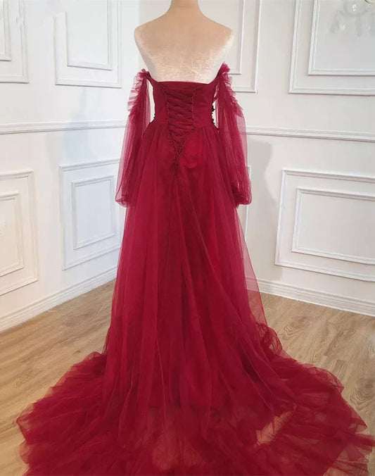 Burgundy Sweetheart Beaded Off Shoulder Party Dress, Burgundy Formal Dress TP1261