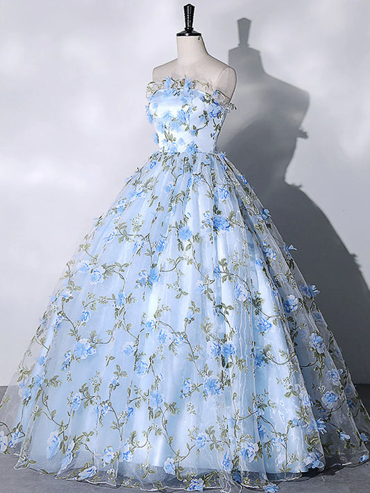 Blue Flowers Lace Ball Gown Long Formal Party Dress, Blue Evening Prom Dress TP1328