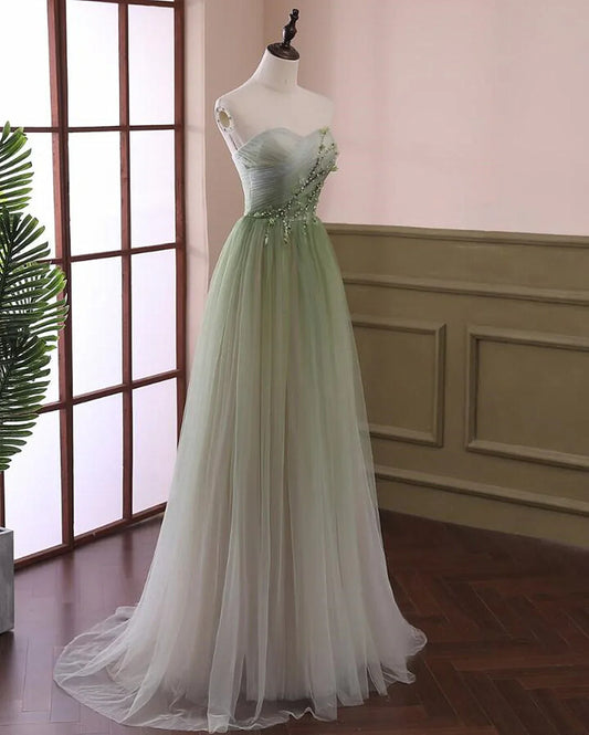 Beautiful Mint Green Strapless Tulle Sweetheart Evening Gown Beaded Floral Embroidery Prom Dress TP1329