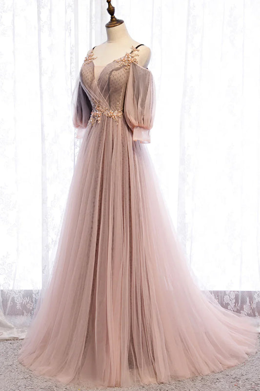 Chic Dusty Pink Off-the-Shoulder Tulle Puff Sleeves Floral Beaded Evening Dresses TP1362