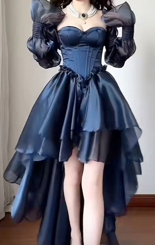 Blue High Low Cardi Neck Long Sleeve Prom Dresses TP1535