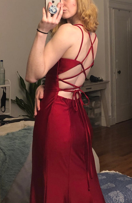 Burgundy Mermaid V-Neck Spaghetti Strap Satin Long Prom Dresses TP1650