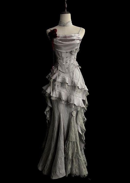 Vintage Silver Grey Mermaid Strap Sleeveless Lace Edge Ball Gown Evening Dress TP2032