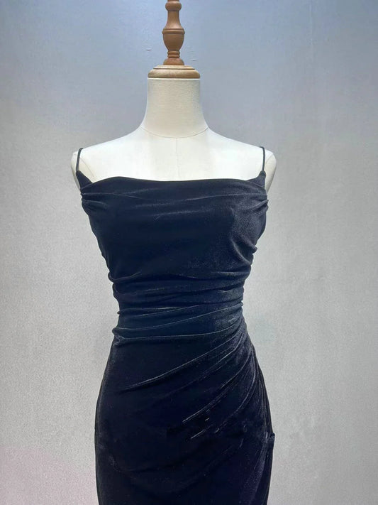 Black Mermaid Velvet Long Party Dress, Black Straps Prom Dress Formal Dress TP2146