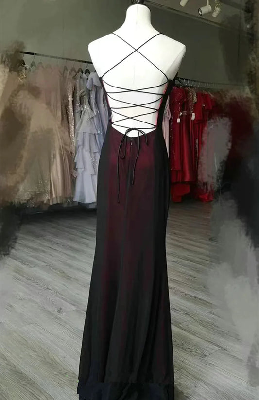 Unique Black and Red Scoop Straps Long Party Dress, Black and Red Evening Dress TP2148