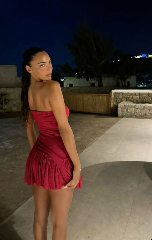 Strapless Burgundy Pleated Mini Ball Gown Evening Dress TP2284