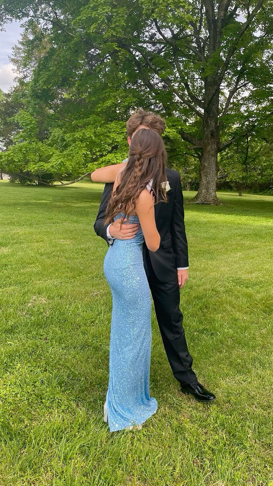 Sparkling Straps Blue Mermaid Prom Dress with Slits Bridesmaid Dress TP2694