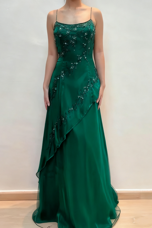 girlhomeshops- Vintage Beaded Long Evening Dress Floor Length Party Dress with Scarf gh6209