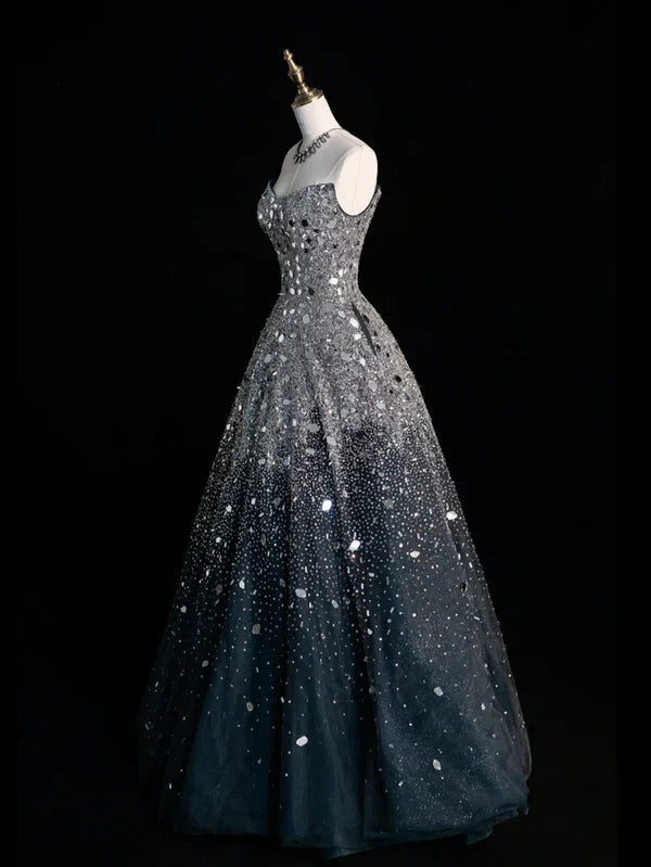 Black silver gorgeous sparkling elegant galaxy long sequined tulle floor-length ball gown evening dress gh4378
