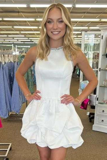 White Beaded Sleeveless Ruffle Homecoming Dress