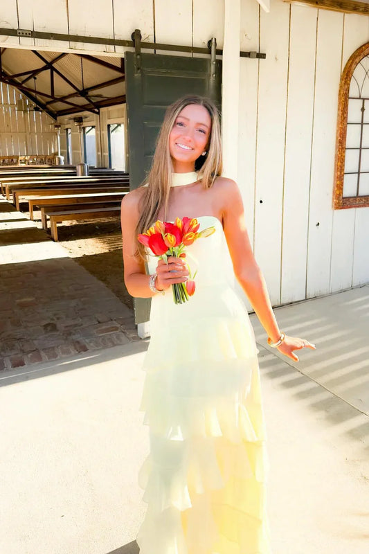 Yellow Chiffon A-Line Tiered Maxi Dress Outfit Strapless Party Prom Dresses