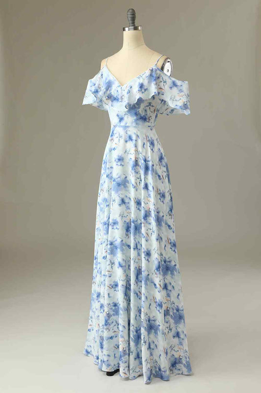 Blue Floral Prints A-line V Neck Flaunt Sleeves Chiffon Long Bridesmaid Dress