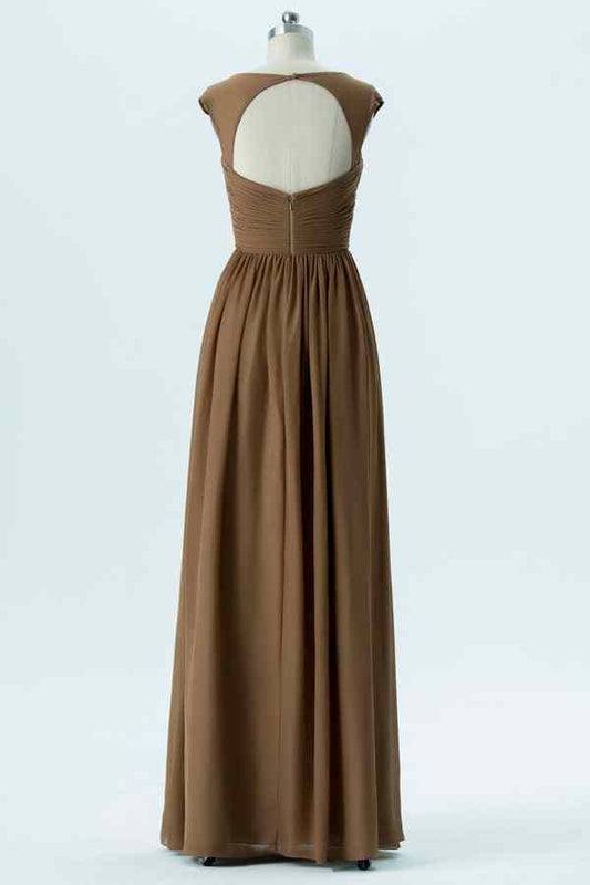 A-line Cap Sleeves Pleated Keyhole Chiffon Long Bridesmaid Dress