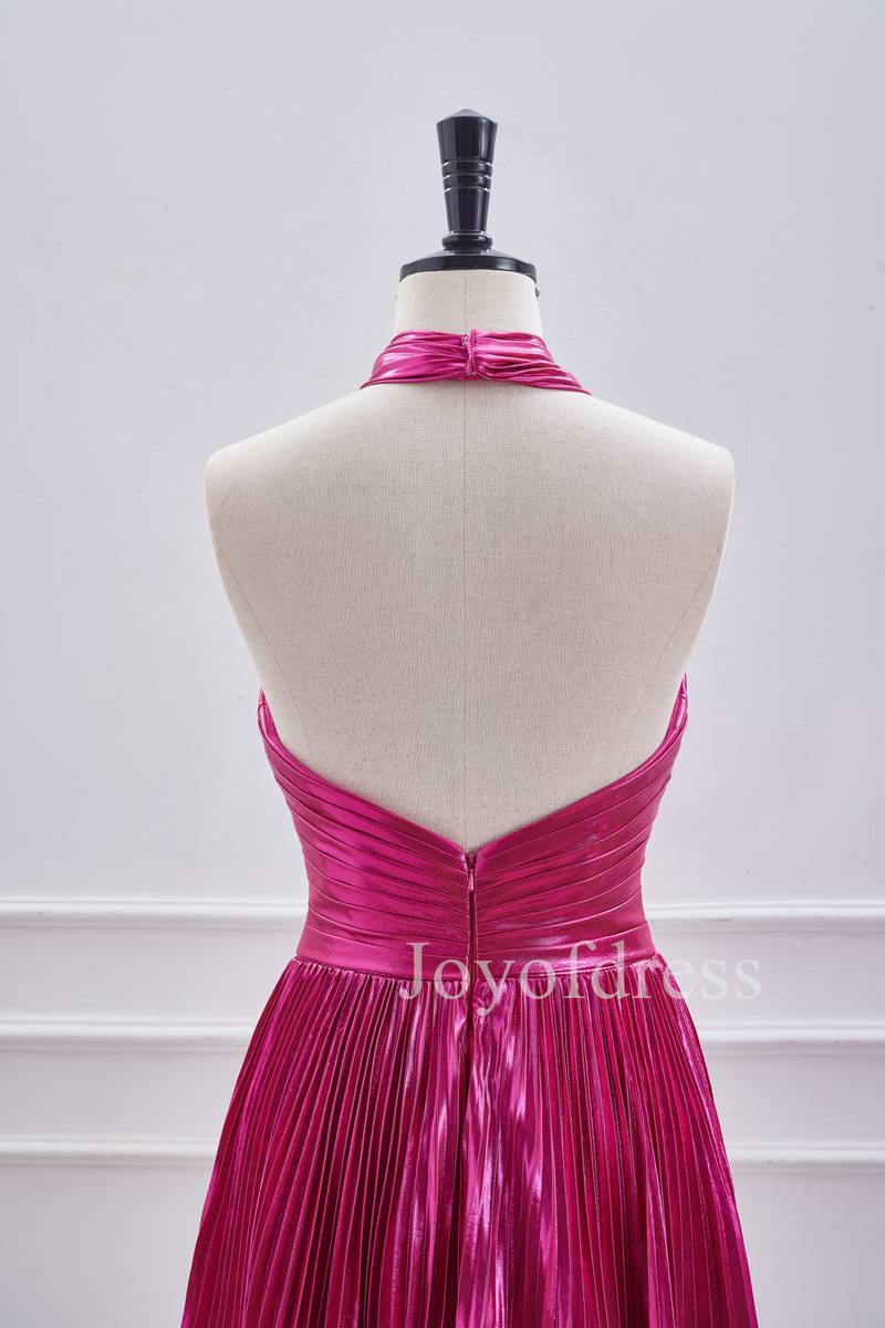 A-Line Halter Fuchsia Keyhole Pleated Short Dress