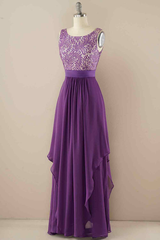 A-line Jewel Lace V Back Chiffon Hi-Low Bridesmaid Dress