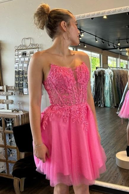 Strapless Lace Appliques Sheer Short Homecoming Dress