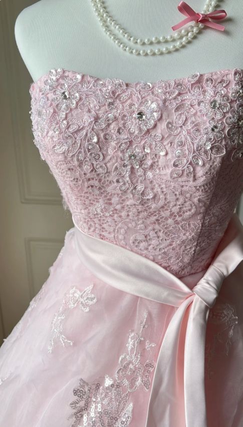 Vintage Pink Strapless Tiered Bow Sparkly Lace Sweet 15 Quinceanera Ball Gown TP5756