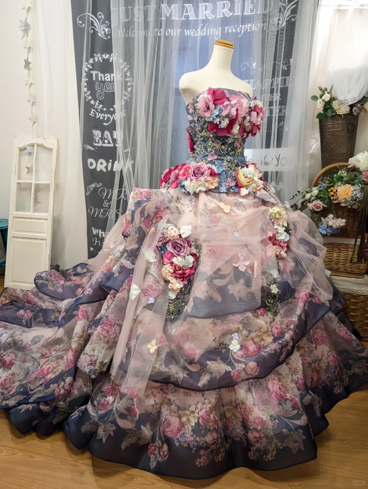 Glamorous Floral Strapless 3D Flower Tulle Sweet 15 Quinceanera Ball Gown TP5497