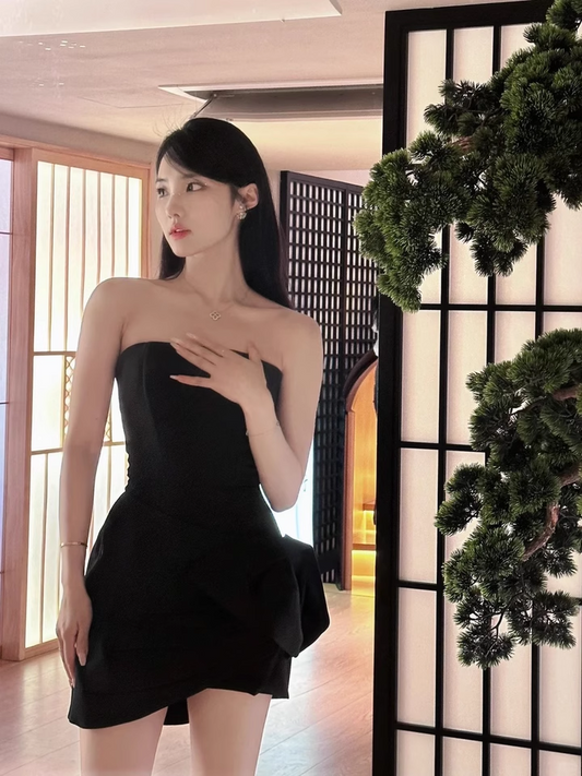 Elegant Black Strapless Bow Design A-line Satin Party Dress Homecoming Dress TP3822