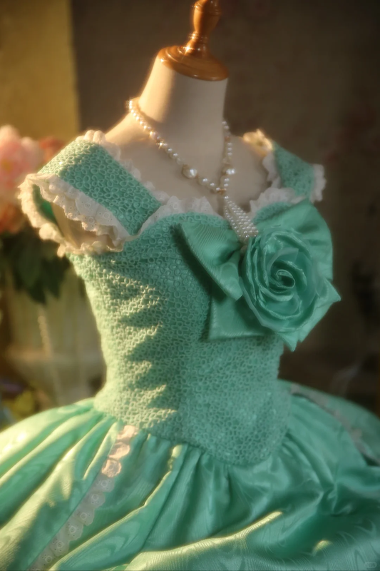 Vintage Turquoise Satin 3D Rose Applique Lace-Trimmed Sweet 15 Quinceanera Ball Gown TP5513
