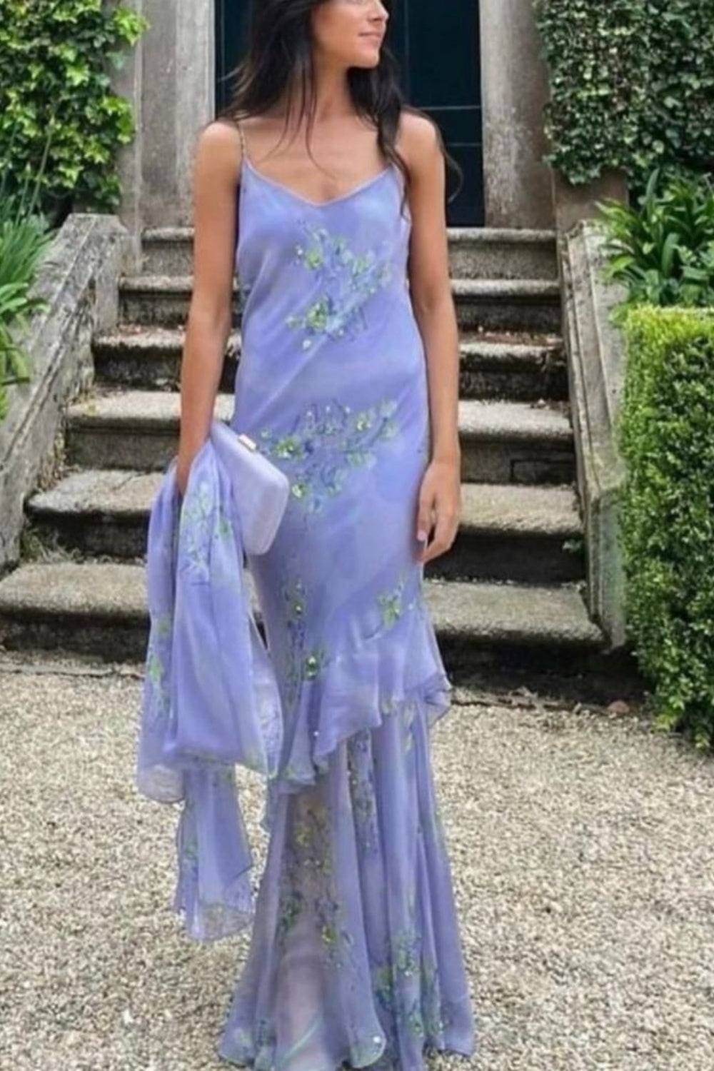 girlhomeshops-Light Purple Spaghetti Strap Floral - Embroidered Ruffled Mermaid Long Evening Dress gh5818