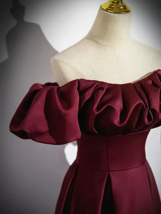 Unique Burgundy Prom Dress Short Sleeve A-line Satin Maxi Dresses Formal