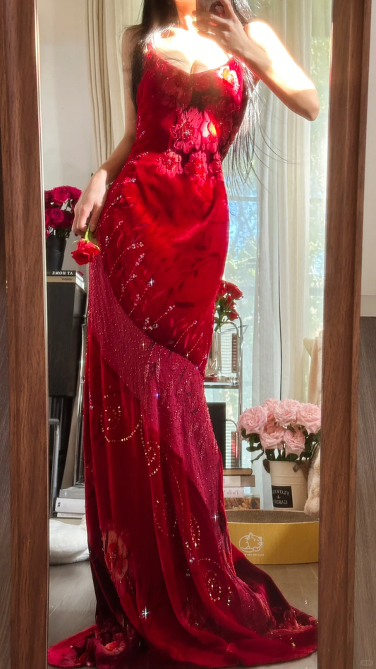 Vintage Red Sparkling Sequin Spaghetti Strap Design Elegant Chiffon Evening Dress Prom Dresses TP3989