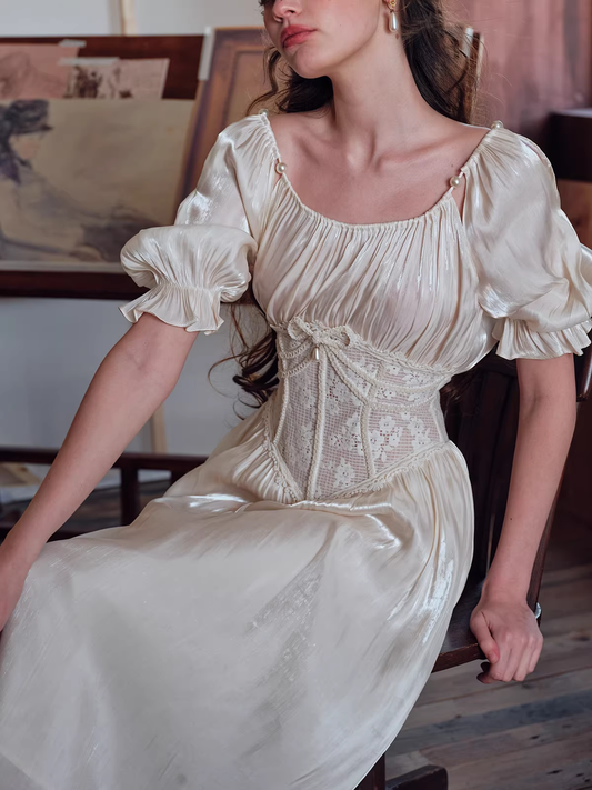 Vintage Cream Satin Midi Prom Dress Lace Corset & Puffed Sleeves Evening Gown TP5692