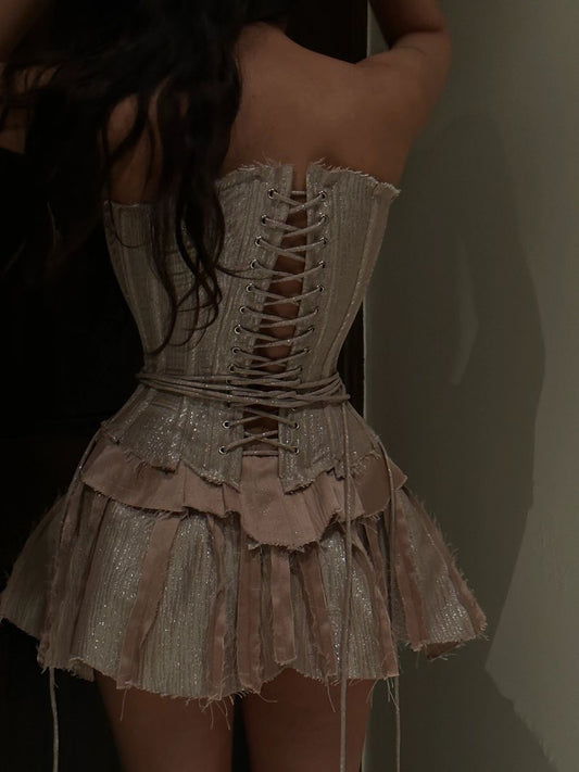 Girlhomeshops-Light Pink Glitter Vintage Corset Sweet Short Satin Homecoming Dress gh5338