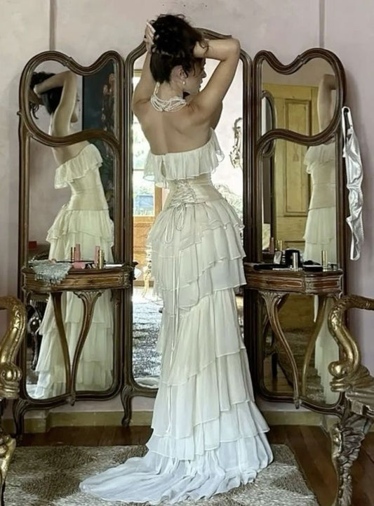White Vintage Fashion A-line Off-shoulder Long Chiffon tulle Tiered Ruffle Ball Gown Evening Dress Party Dress Prom Dress gh3658