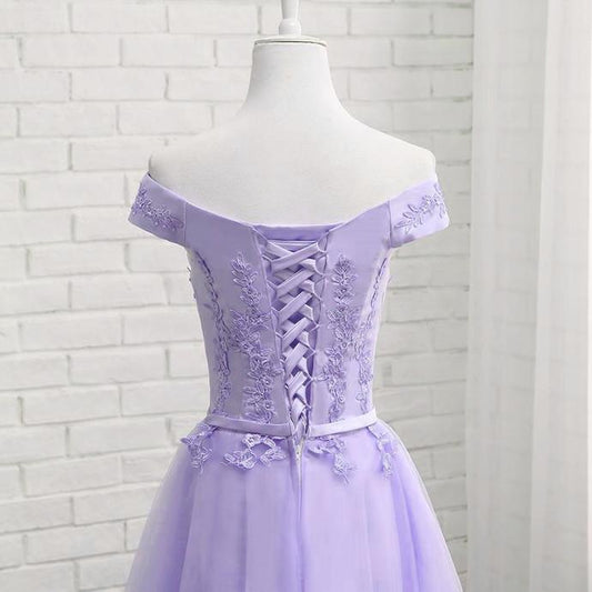 Lavender Off-the-shoulder Short Tulle Prom Dress with Lace Appliques