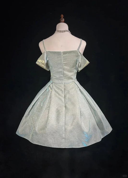 Sparkling Light Blue Sequin Spaghetti Strap Design A-line Satin Party Dress Homecoming Dress TP4094