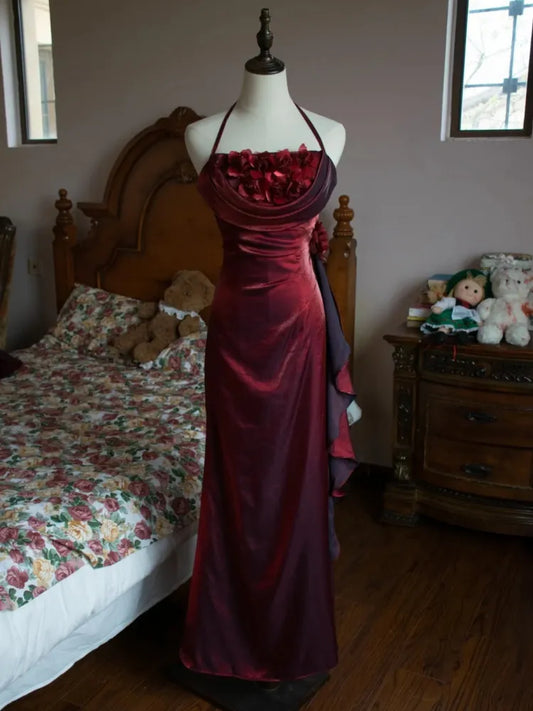 Yellow/Green/Burgundy Shiny Elegant Delicate Floral Backless Long Ball Dress Evening Dress Birthday Party Dress gh3385