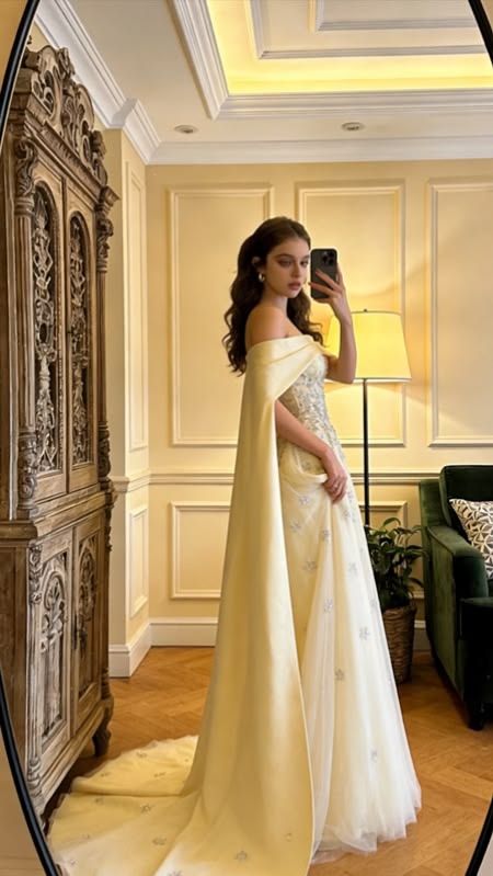 Elegant Yellow Off-the-Shoulder Beaded Evening Gown TP5733