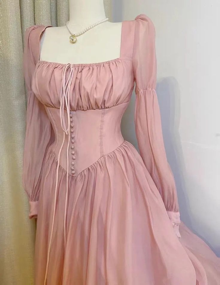 girlhomeshops-Pink long-sleeved retro elegant sweet bridesmaid dress gh5757