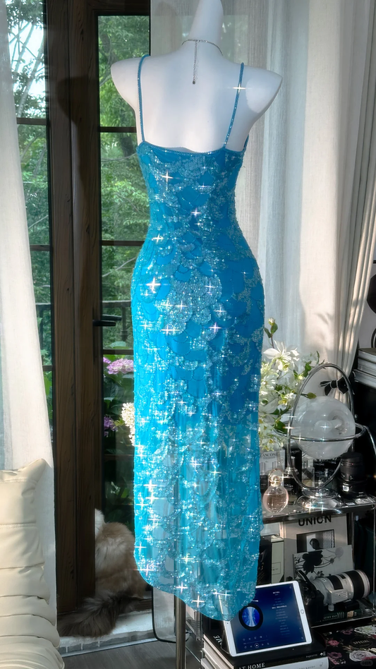 Vintage Blue Mermaid Sparkling Long Chiffon Spaghetti Strap Romantic Ball Gown Evening Dress Prom Dresses TP3962