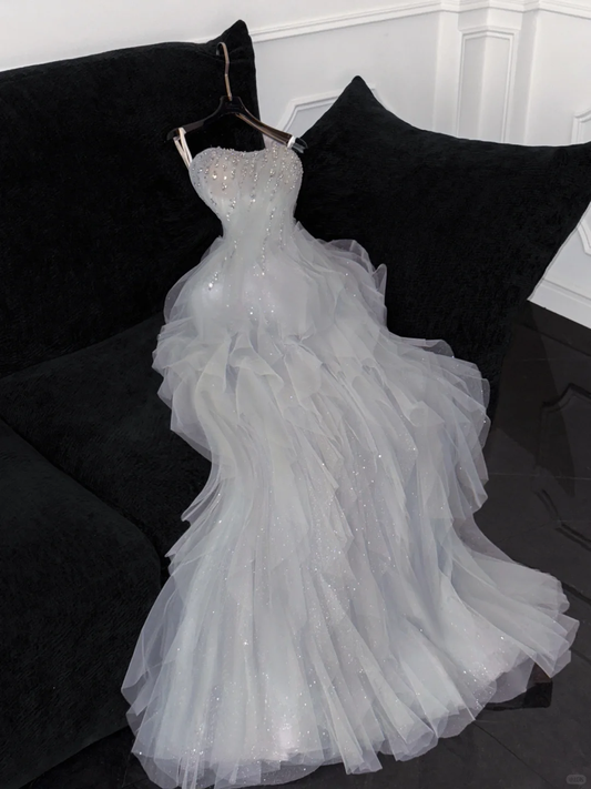 Fashion Sparkling White Beaded Sequin Mermaid Elegant Tulle Evening Dress Prom Dresses TP4158