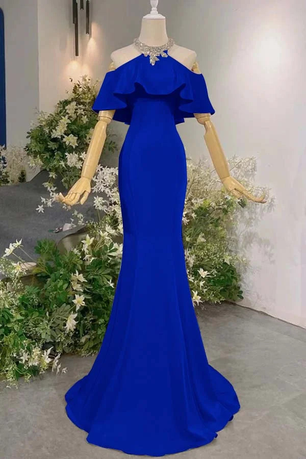 Off-Shoulder Halter Pink Satin Mermaid Gown | Luxury Elegant Ruffle Train Maxi Dress for Gala Ball gh6482