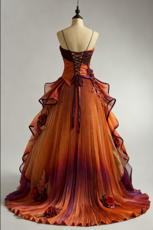 Glamorous 3D Floral Applique Chiffon Spaghetti Strap Ruffled Sweet 16 Quinceanera Ball Gown TP5425