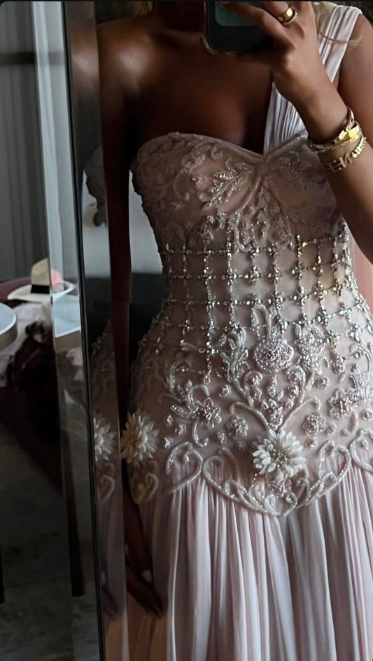 Chiffon Prom Dresses Long with Silver Beaded A Line Wedding Party Outfits