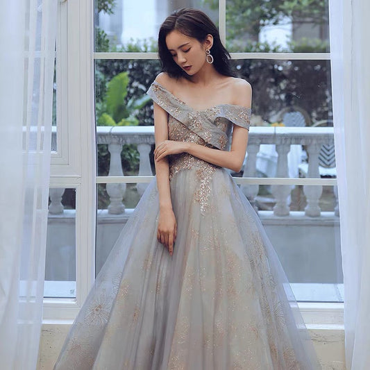 Cute tulle sequins long prom dress A line evening gown 10124