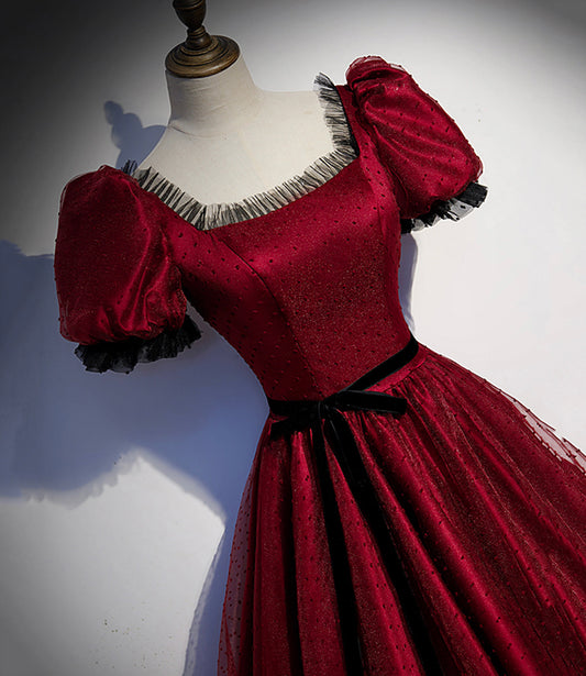 Burgundy tulle long A line prom dress evening dress 8839