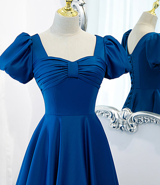 Blue satin long A line prom dress blue evening dress 8848