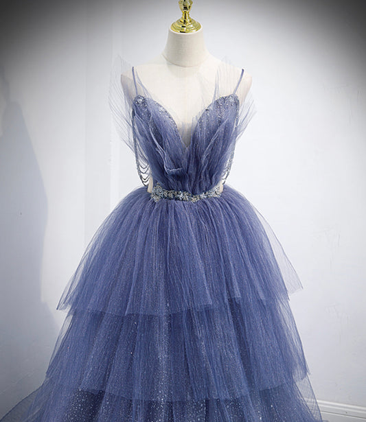 Blue tulle long A line prom dress blue evening dress 8864