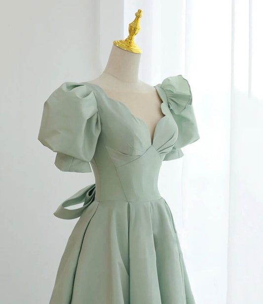 Green satin short A line prom dress party dress 8834