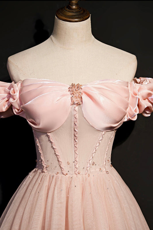 Pink tulle long A line prom dress pink evening dress 8693