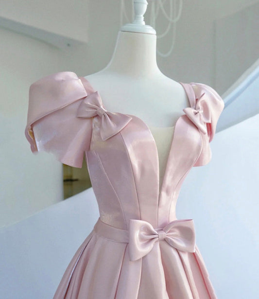 Pink satin long A line prom dress pink evening dress 8938